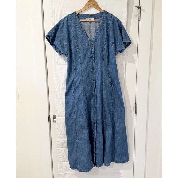 LOFT Dresses & Skirts - Loft Denim Dress Women 14 Blue Jean Pockets 100% Cotton Maxi Cottage Button Down
